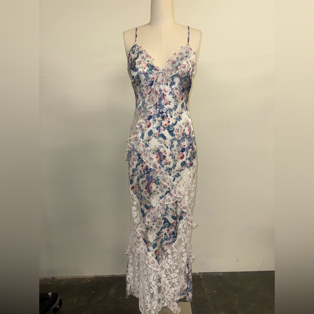 For Love And Lemons Blue Floral Lace Maxi Dress